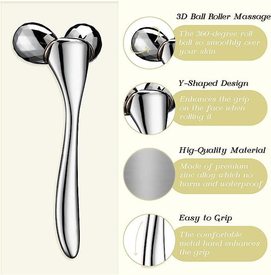 3D Face Roller Metal Facial Massager Face Sculpting Gua Sha Massage Tool with Ice Globe for Eye Skin Care Reducing Puffiness Anti-Wrinkle